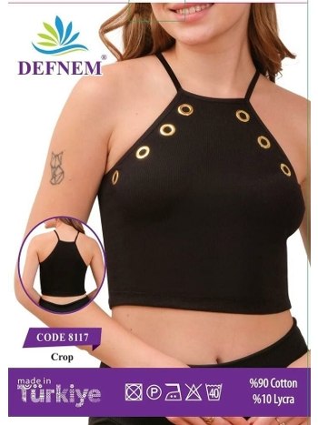 Halter Yaka Kuşgözü Detaylı Pamuklu Kadın Crop Defnem 8117