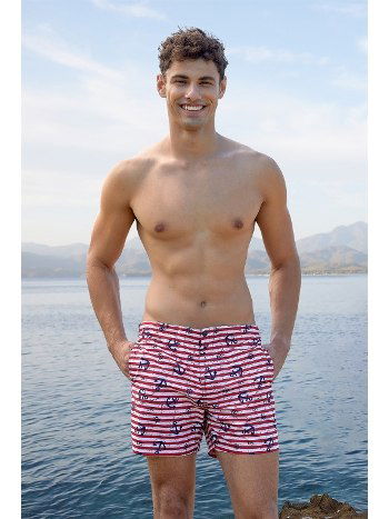 Polyester Kırmızı Çizgili Erkek Deniz Şortu Doreanse 3839