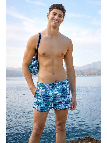 Mavi Çiçek Desenli Modal Pamuklu Erkek Şort Mayo Doreanse 3837