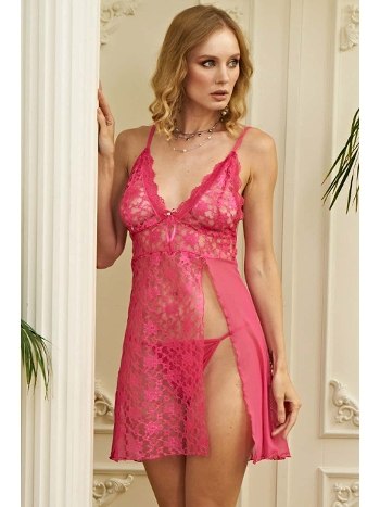 Geniş Dekolteli Kısa Gecelik Takımı Pembe İzabel 1032