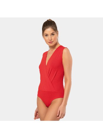 Kırmızı Kruvaze Yaka Çıtçıtlı Kolsuz Body Türen 3502