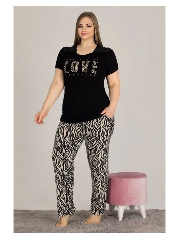 Büyük Beden Kısa Kollu Pijama Takımı Siyah Lady 10807