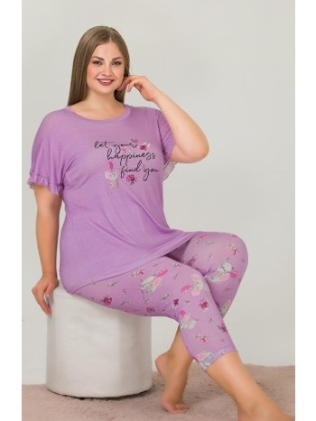 Büyük Beden Lila Kısa Kollu Kapri Pijama Takımı Lady 10643
