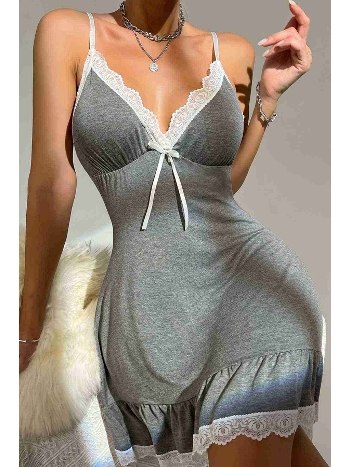 Dantelli İşleme Etek Büzgülü Penye Gecelik Gri Merry See MS2363