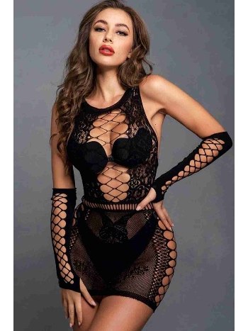 Mini Elbise Eldivenli Fantazi Vücut Çorabı Siyah Merry See 79505