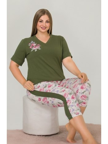 Yeşil V Yaka Büyük Beden Kapri Pijama Takımı Lady 10644