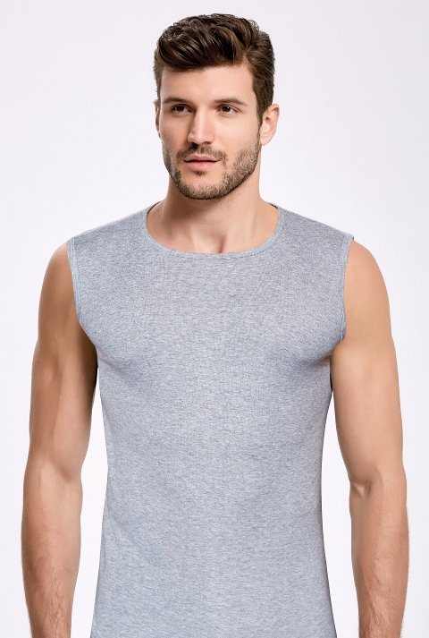 Pamuklu Kolsuz Erkek Atlet Bisiklet Yaka Gri İlke 1016