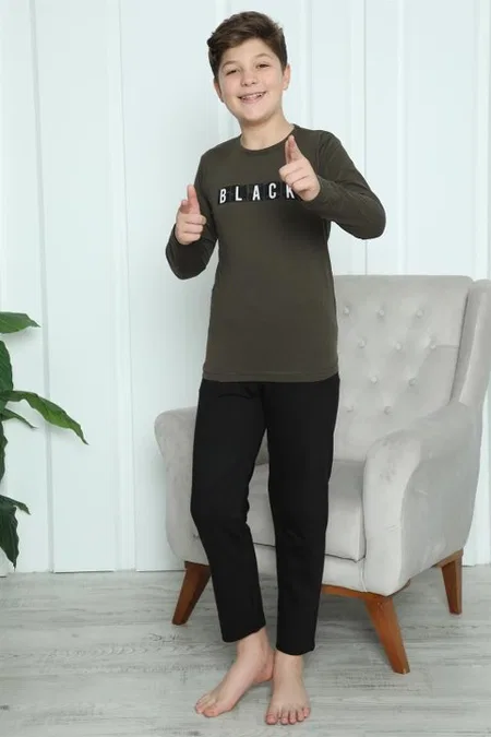 Black Yazılı Erkek Çocuk Penye Pijama Takım Akbeniz 20419 - Haki