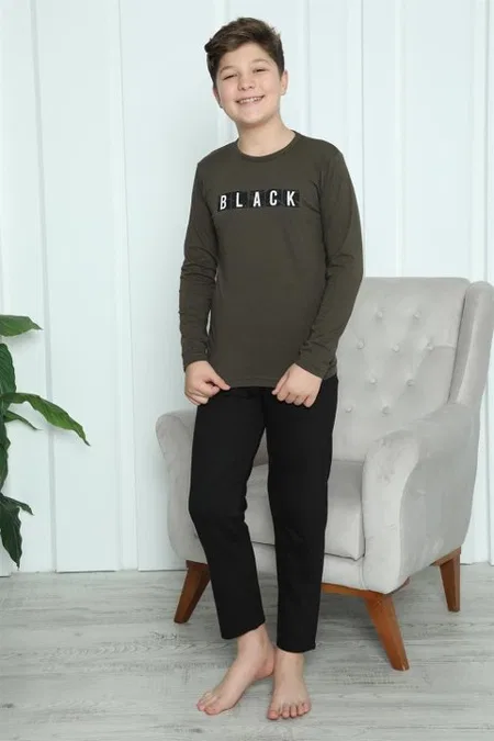 Black Yazılı Erkek Çocuk Penye Pijama Takım Akbeniz 20419 - Haki