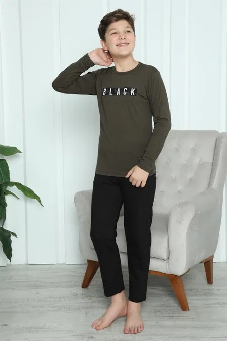 Black Yazılı Erkek Çocuk Penye Pijama Takım Akbeniz 20419 - Haki