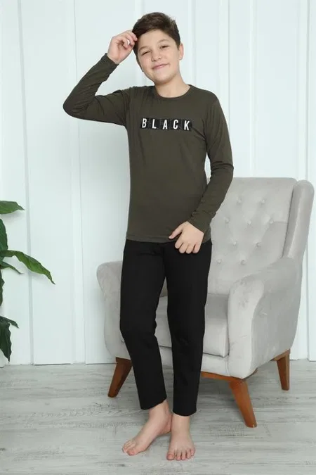 Black Yazılı Erkek Çocuk Penye Pijama Takım Akbeniz 20419 - Haki