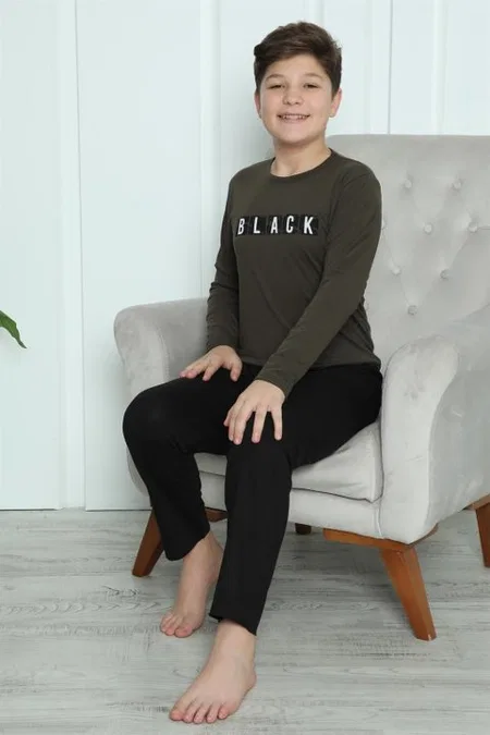 Black Yazılı Erkek Çocuk Penye Pijama Takım Akbeniz 20419 - Haki