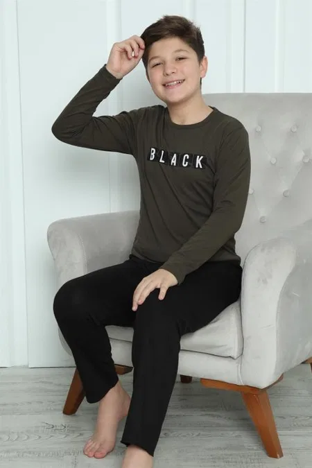 Black Yazılı Erkek Çocuk Penye Pijama Takım Akbeniz 20419 - Haki