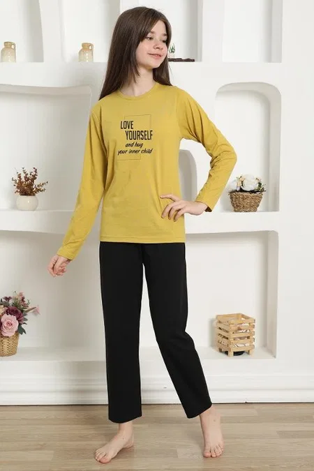 Yazılı Uzun Kollu Kız Çocuk Penye Pijama Takım Akbeniz 20420 - Sarı