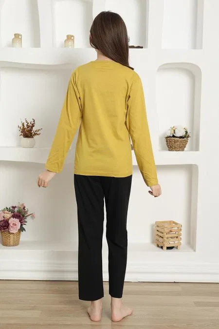 Yazılı Uzun Kollu Kız Çocuk Penye Pijama Takım Akbeniz 20420 - Sarı