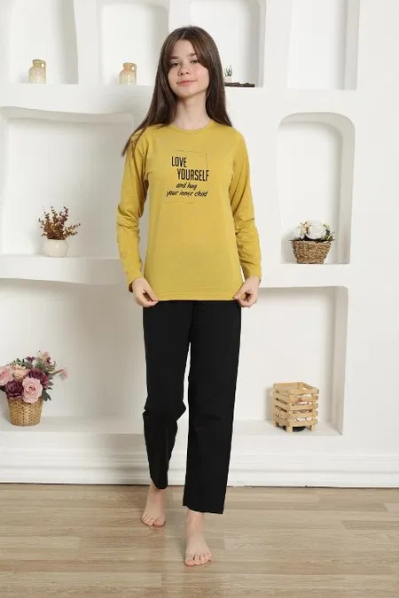 Yazılı Uzun Kollu Kız Çocuk Penye Pijama Takım Akbeniz 20420 - Sarı