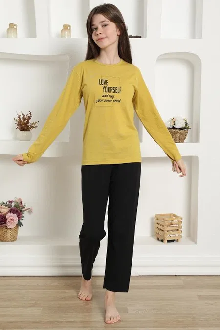 Yazılı Uzun Kollu Kız Çocuk Penye Pijama Takım Akbeniz 20420 - Sarı