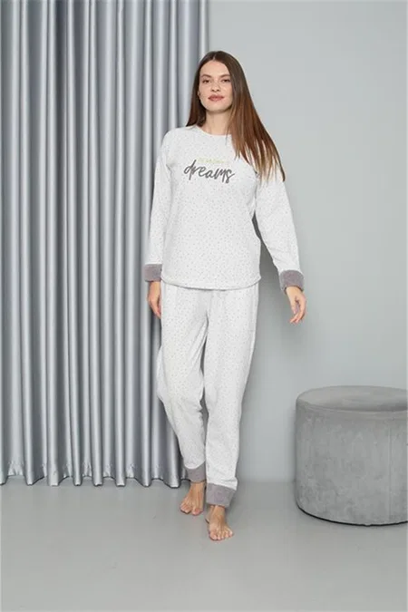 Peluşlu Welsoft Uzun Kollu Polar Kadın Pijama Takımı Akbeniz 8515 - Ekru