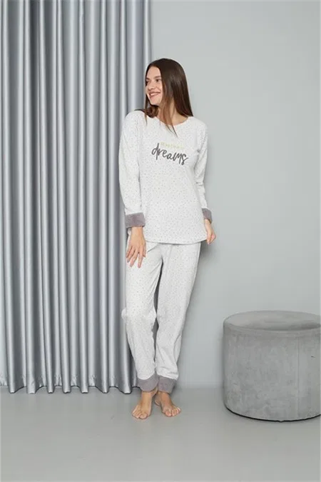 Peluşlu Welsoft Uzun Kollu Polar Kadın Pijama Takımı Akbeniz 8515 - Ekru