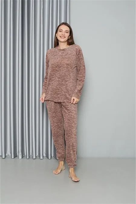 Yuvarlak Yaka Welsoft Polar Kadın Pijama Takımı Akbeniz 8519 - Sütlü Kahve