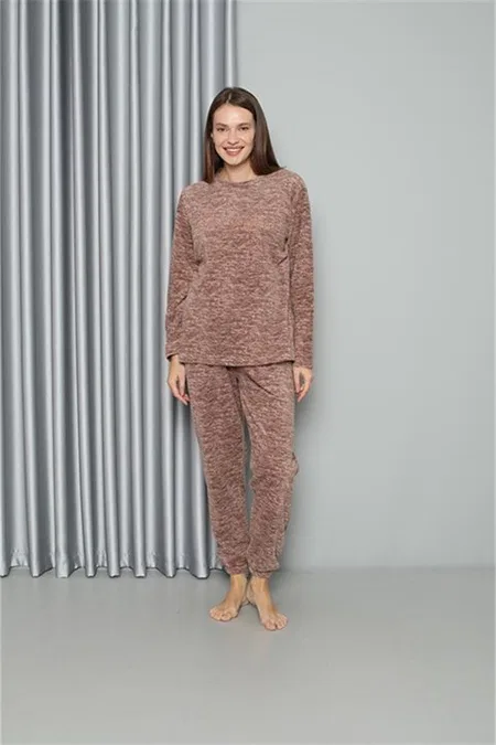 Yuvarlak Yaka Welsoft Polar Kadın Pijama Takımı Akbeniz 8519 - Sütlü Kahve