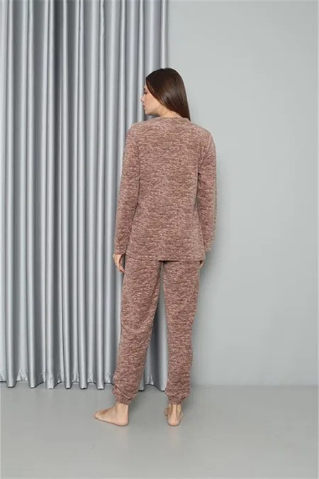 Yuvarlak Yaka Welsoft Polar Kadın Pijama Takımı Akbeniz 8519 - Sütlü Kahve