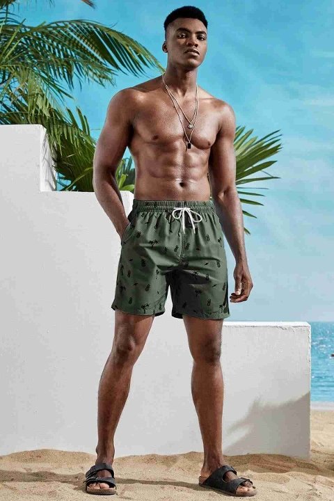 Basic Ananas ve Palmiye Baskılı Mayo Cepli Deniz Şortu Angelsin 3415 - Yeşil