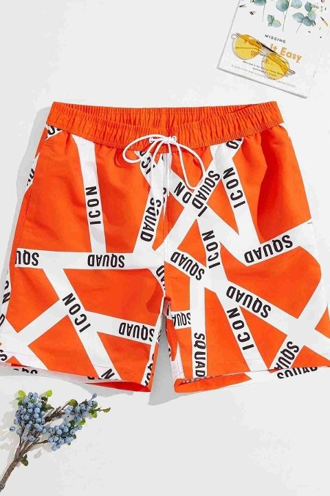 Angelsin Erkek Basic Standart Boy Baskılı Mayo Cepli Deniz Şortu Çok Renkli - Çok Renkli