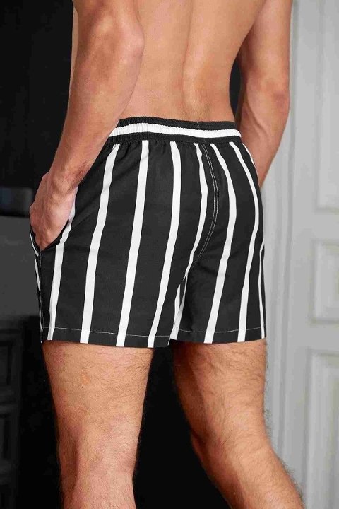 Erkek Basic Standart Boy Çizgili Cepli Deniz Şortu Siyah Angelsin MS3410 - Siyah