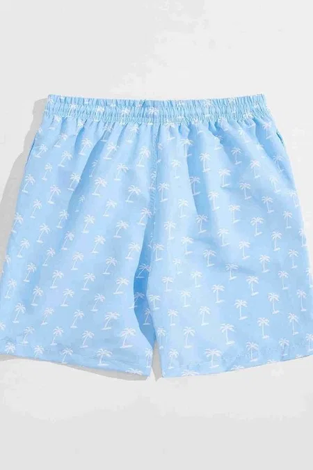 Basic Standart Boy Palmiye Baskılı Mayo Cepli Deniz Şortu Mavi - Mavi