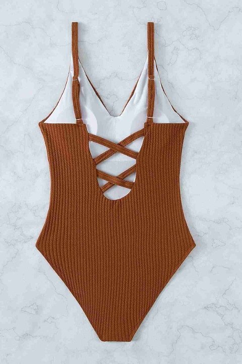 Çapraz Sırt Dekolteli V Yaka Mayo Mayokini Kahverengi MS4324 - Kahverengi
