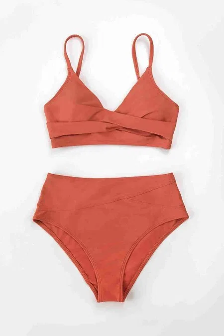 Angelsin Önden Çarpraz Yüksek Bel Bikini Takım Kırmızı MS4200 - Kırmızı