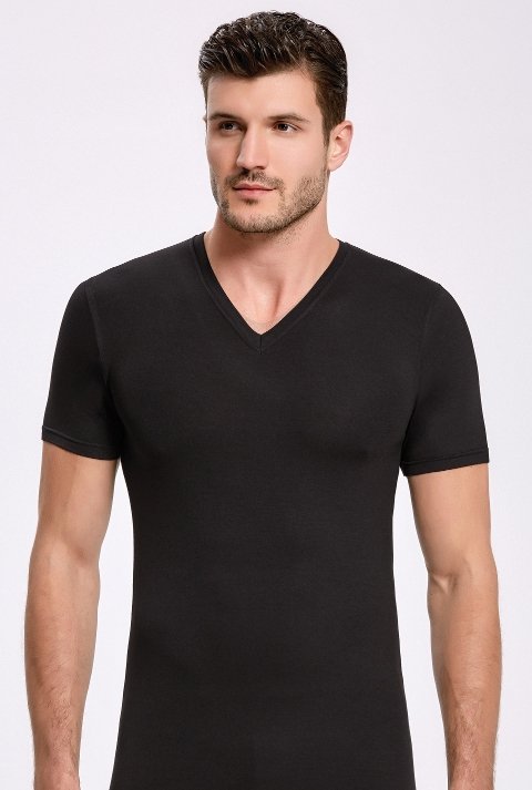 Bambu V Yaka Kısa Kol Atlet Siyah Erkek Atlet İlke 1611