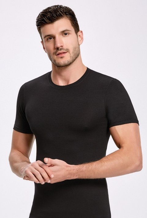 Bambu Kumaş Yuvarlak Yaka Atlet Siyah İlke 1609 - 2