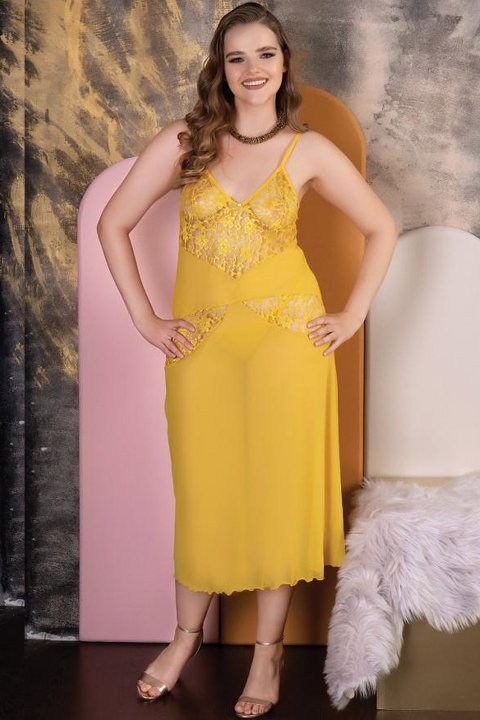 Erotik Uzun Gecelik Sarı Poliamid Elastan İzabel 5001