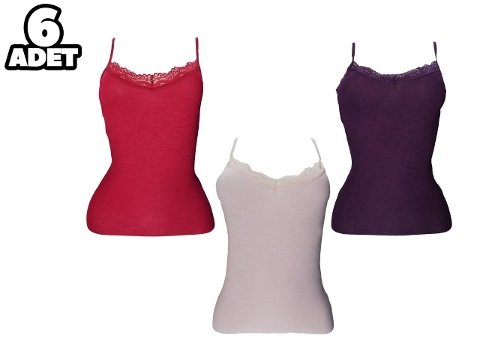 Flamlı Dantelli V Yaka İnce Askılı Kadın Atlet 6lı Defnem 5206 - 2