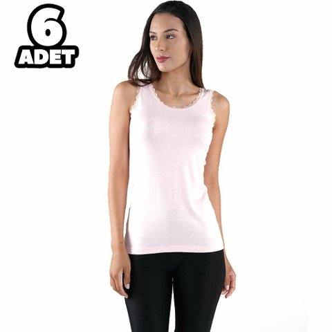 Flamlı Dantelli Yaka Kalın Askılı Kadın Atlet 6lı Defnem 5209 - Pudra