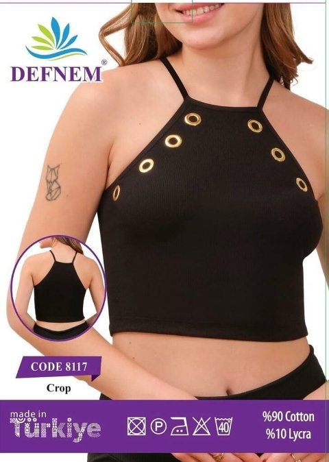 Halter Yaka Kuşgözü Detaylı Pamuklu Kadın Crop Defnem 8117