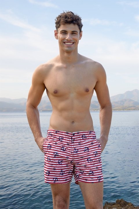 Polyester Kırmızı Çizgili Erkek Deniz Şortu Doreanse 3839 - Marine