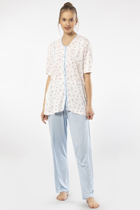 Battal Beden Düğmeli Kısa Kollu Pijama Takımı Mavi Türen 3370 - Mavi