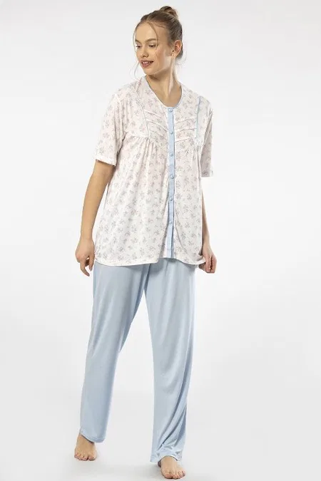 Battal Beden Düğmeli Kısa Kollu Pijama Takımı Mavi Türen 3370 - Mavi