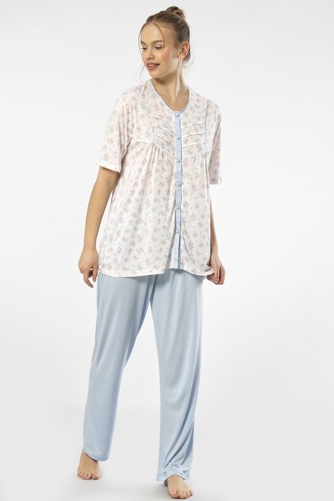 Battal Beden Düğmeli Kısa Kollu Pijama Takımı Mavi Türen 3370 - Mavi