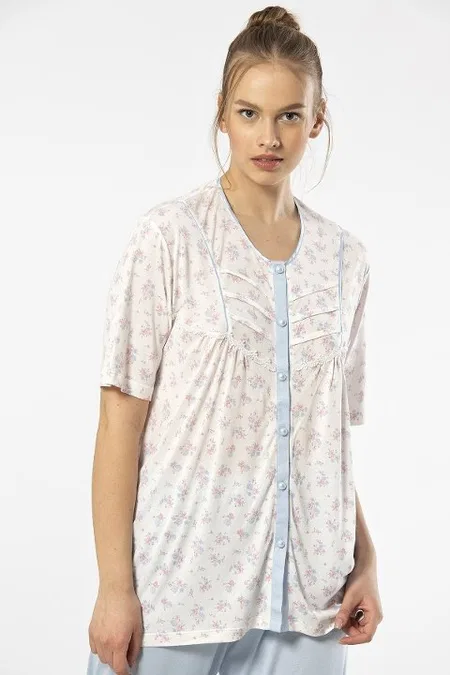 Battal Beden Düğmeli Kısa Kollu Pijama Takımı Mavi Türen 3370 - Mavi