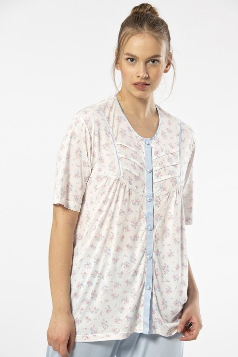 Battal Beden Düğmeli Kısa Kollu Pijama Takımı Mavi Türen 3370 - Mavi