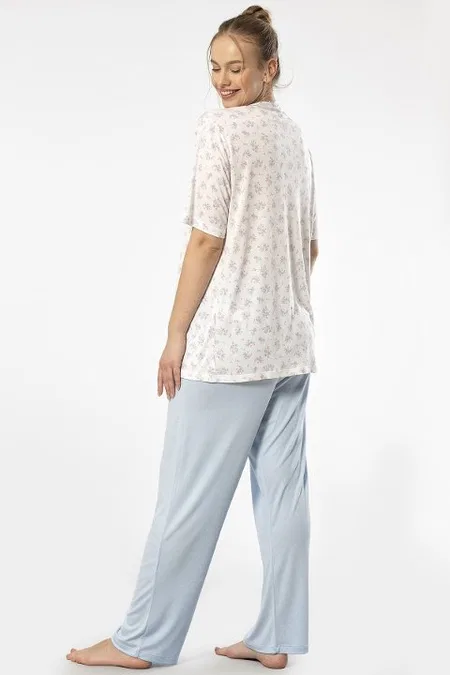 Battal Beden Düğmeli Kısa Kollu Pijama Takımı Mavi Türen 3370 - Mavi