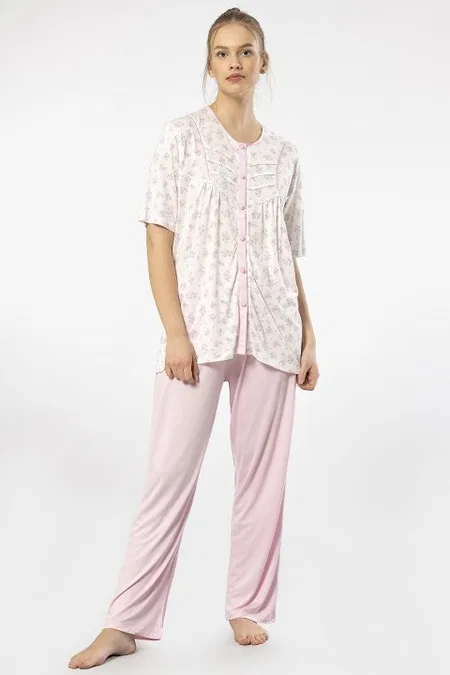 Düğmeli Kısa Kollu Kadın Pijama Takımı Pembe Türen 3370 - Pembe