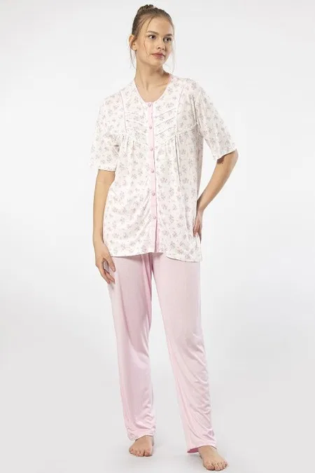 Düğmeli Kısa Kollu Kadın Pijama Takımı Pembe Türen 3370 - Pembe