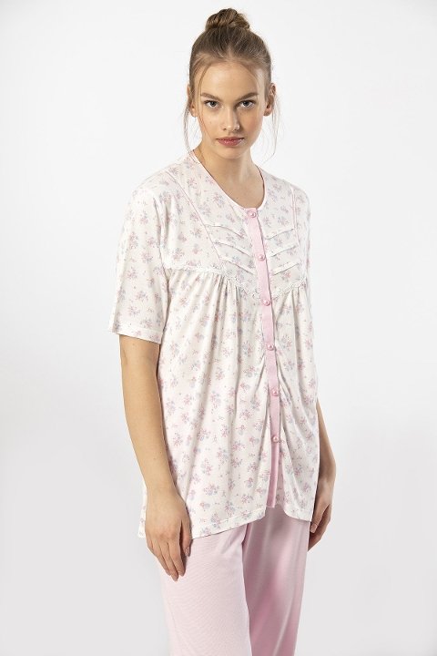 Düğmeli Kısa Kollu Kadın Pijama Takımı Pembe Türen 3370 - Pembe