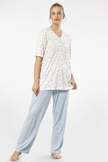 Desenli Düğmeli Kısa Kollu Kadın Pijama Takımı Türen 3369 - Mavi