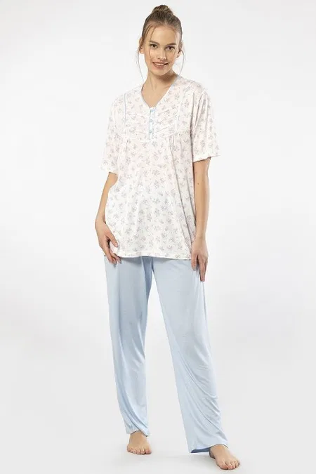 Desenli Düğmeli Kısa Kollu Kadın Pijama Takımı Türen 3369 - Mavi